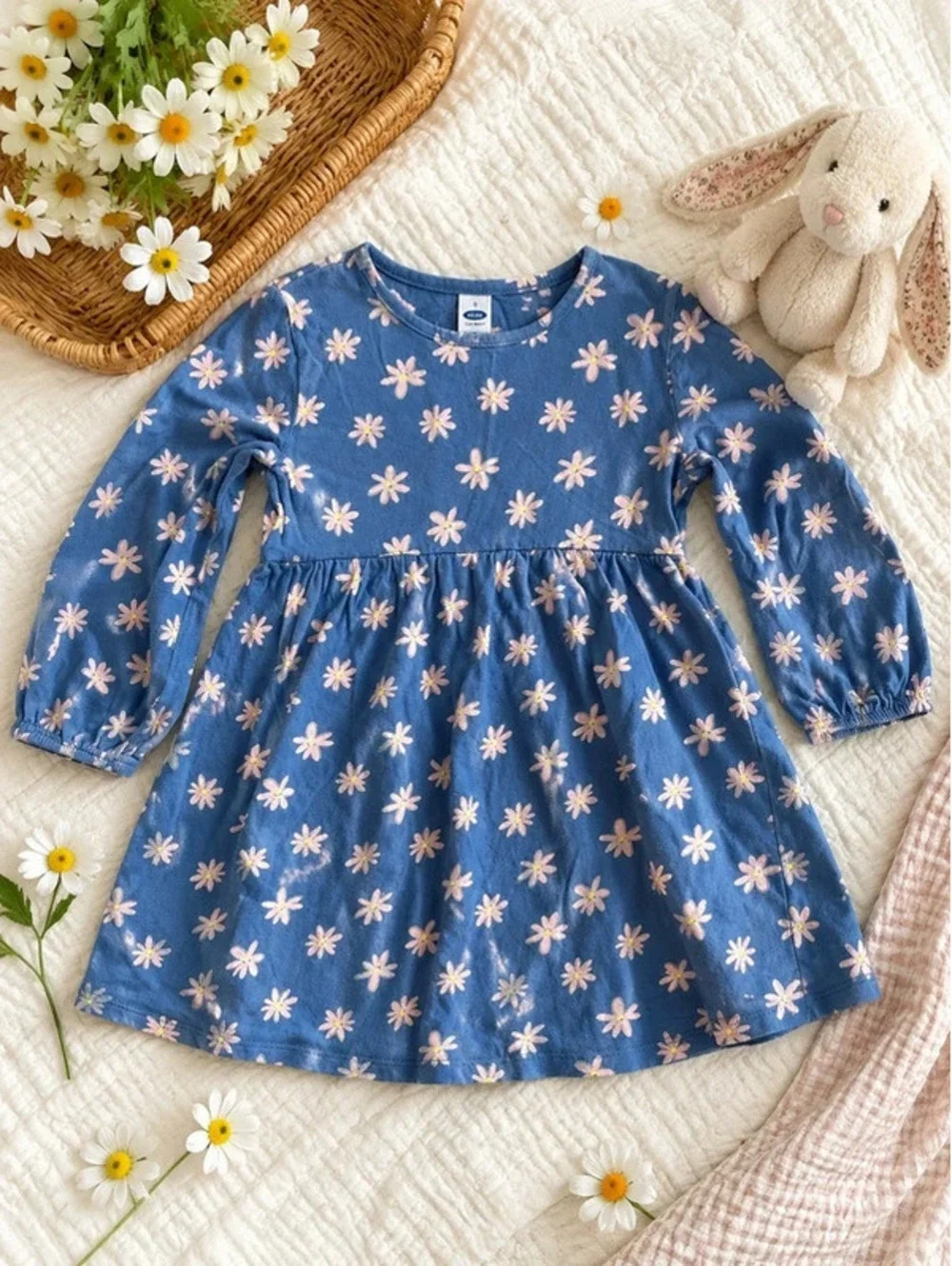 Old Navy Toddler Girls Blue Daisy Print Dress Size 4T Long Sleeve